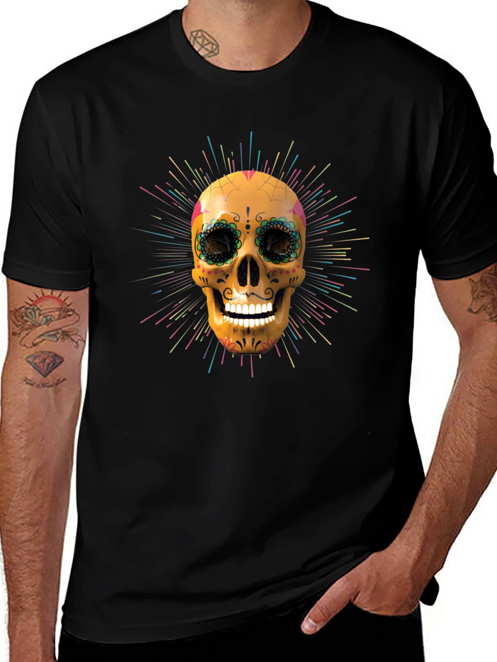 Camiseta Negra con Calavera de Azúcar Vibrante