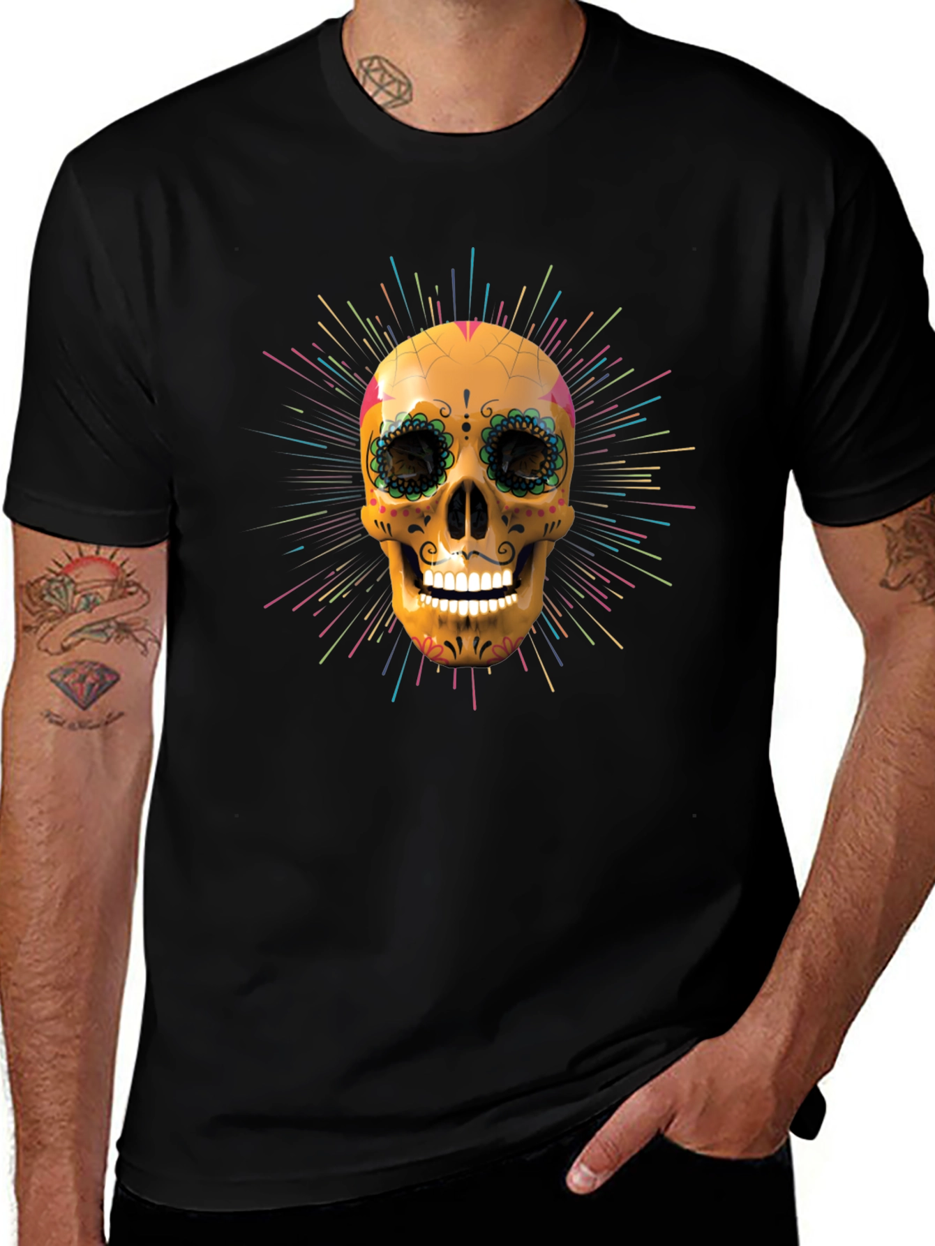Camiseta Negra con Calavera de Azúcar Vibrante