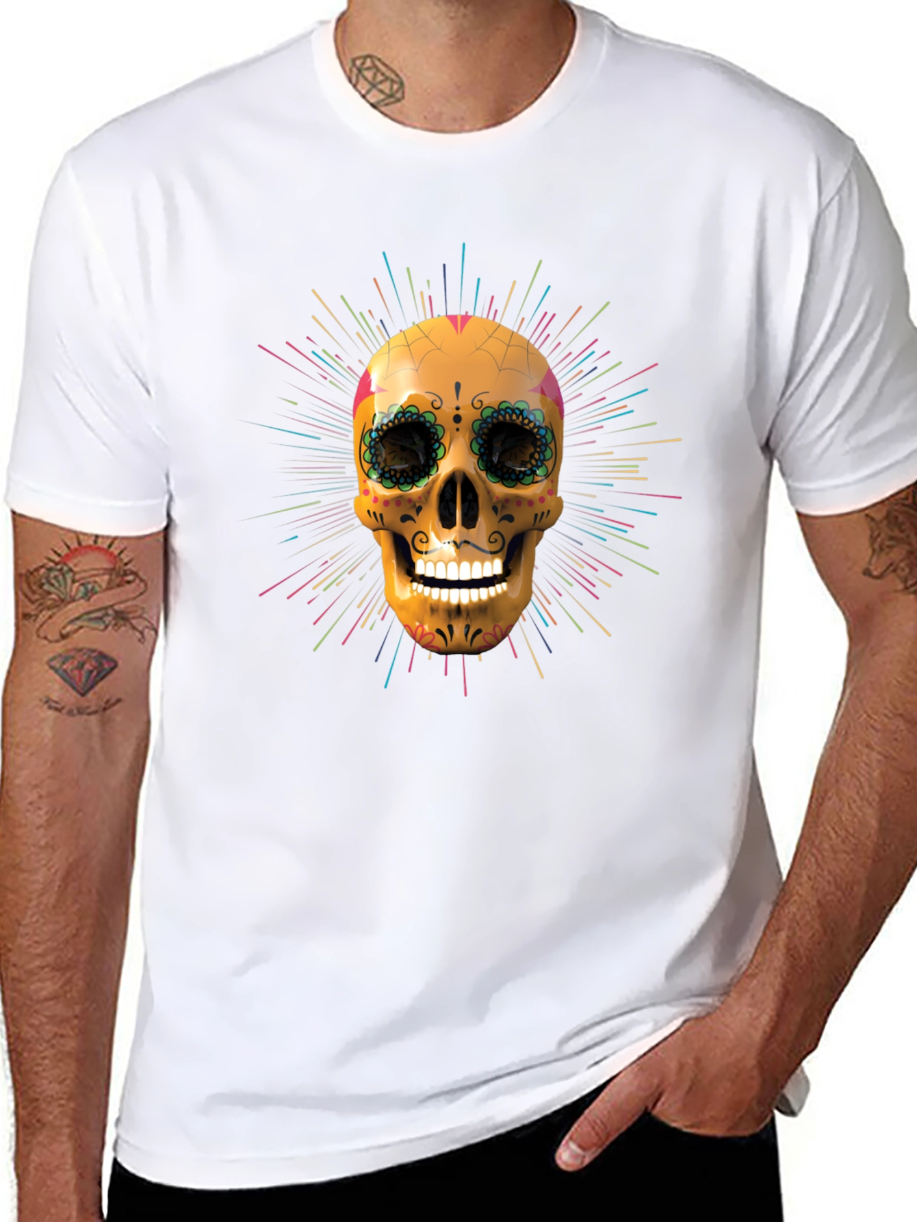 Camiseta Negra con Calavera de Azúcar Vibrante