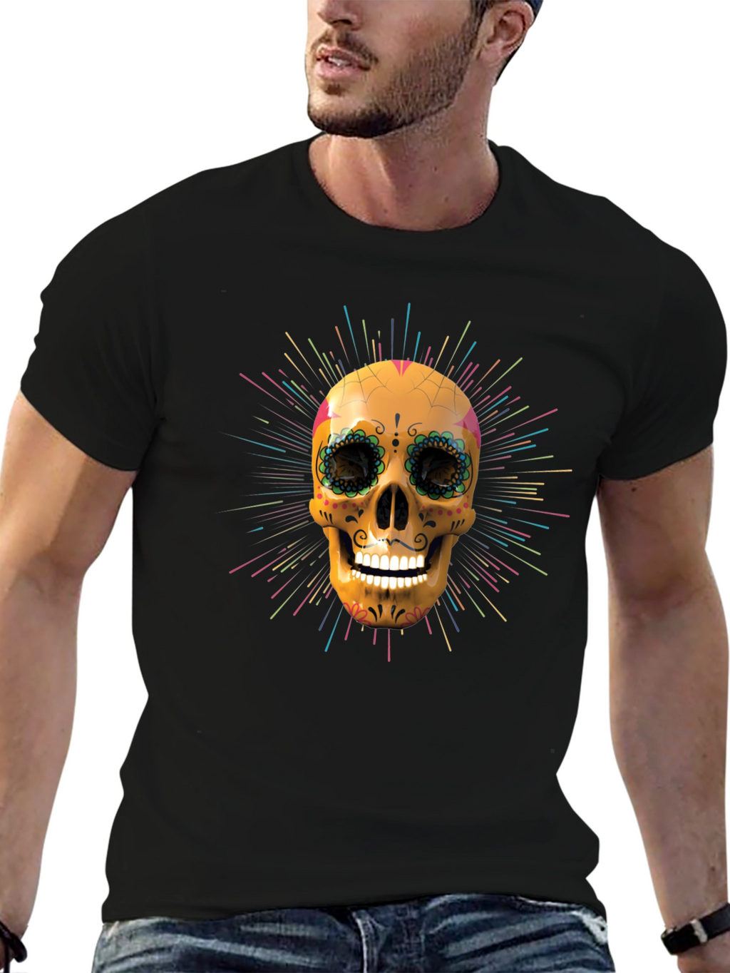 Camiseta Negra con Calavera de Azúcar Vibrante