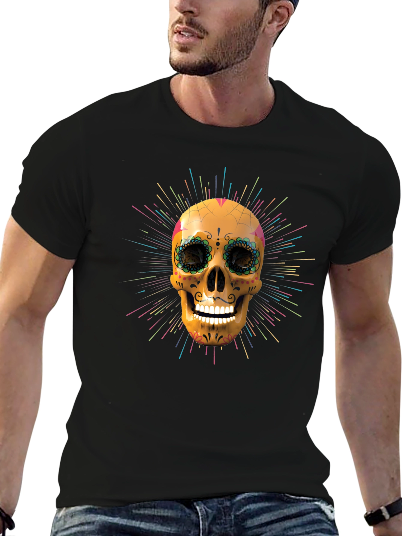 Camiseta Negra con Calavera de Azúcar Vibrante