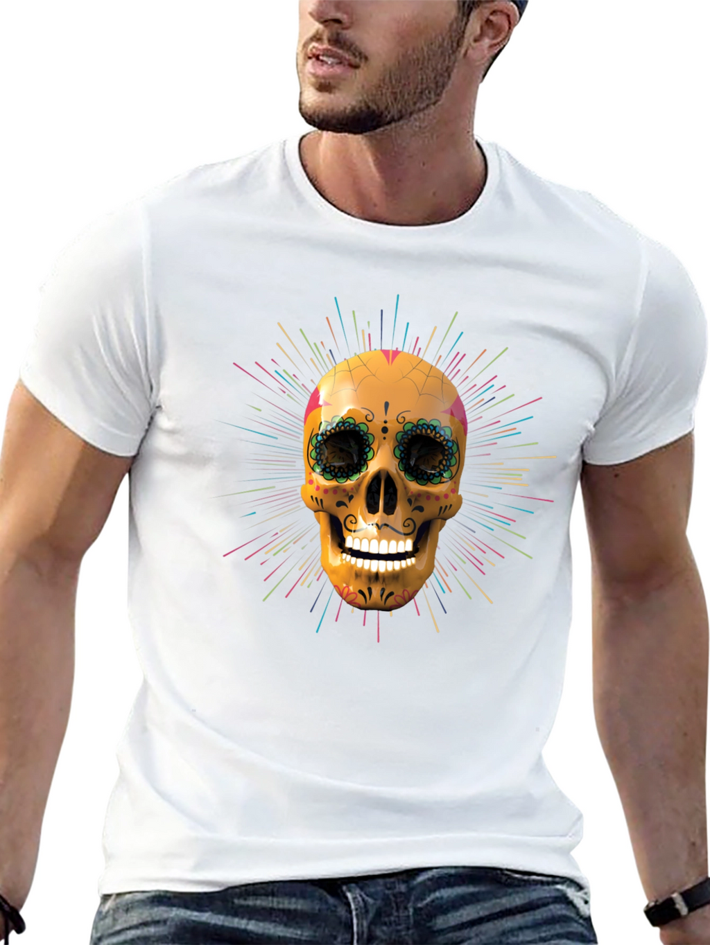 Camiseta Negra con Calavera de Azúcar Vibrante