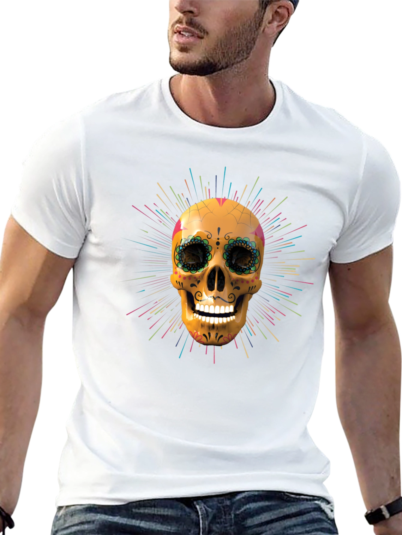 Camiseta Negra con Calavera de Azúcar Vibrante