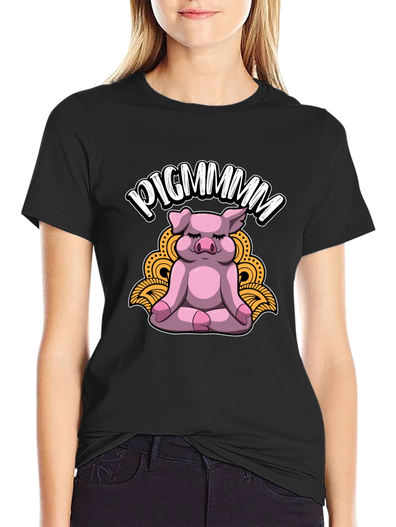Camiseta Negra con Diseño de Cerdo Meditando - PIGMMMM