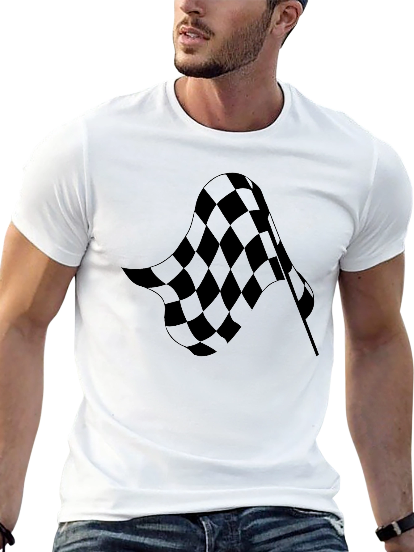 Camiseta Negra con Diseño de Bandera a Cuadros