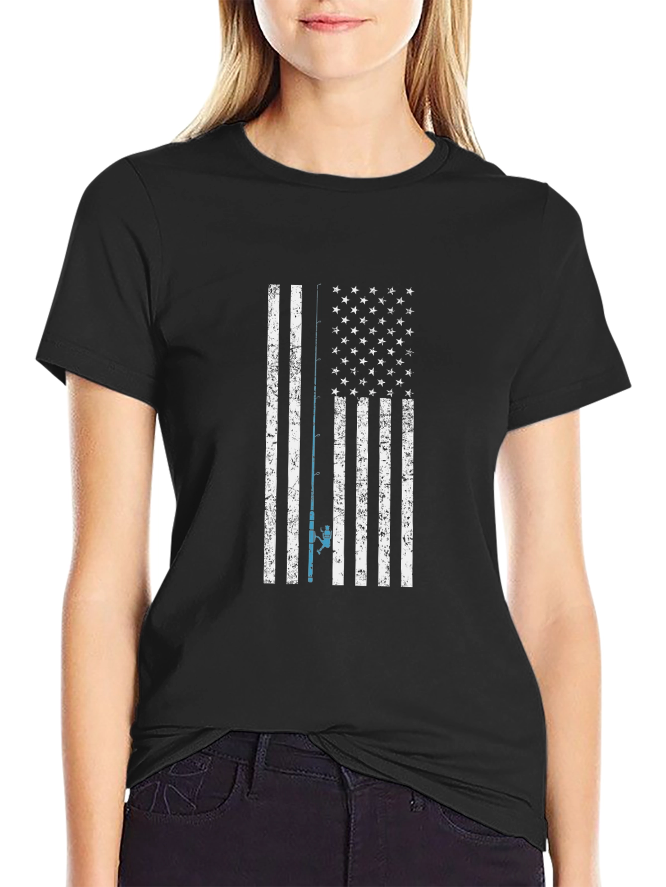 Camiseta Negra con Diseño de Bandera Americana para Pesca