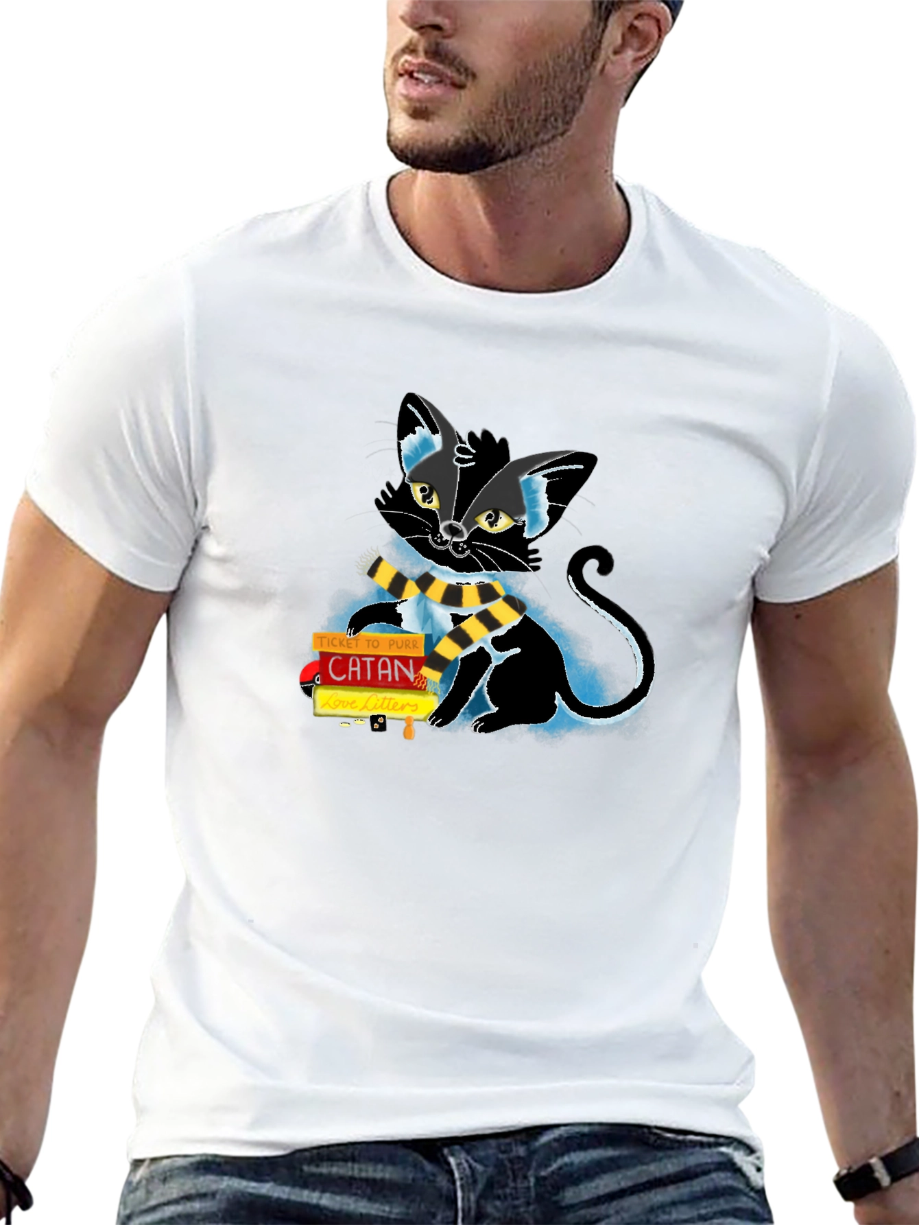 Camiseta Negra con Diseño de Gato Jugando