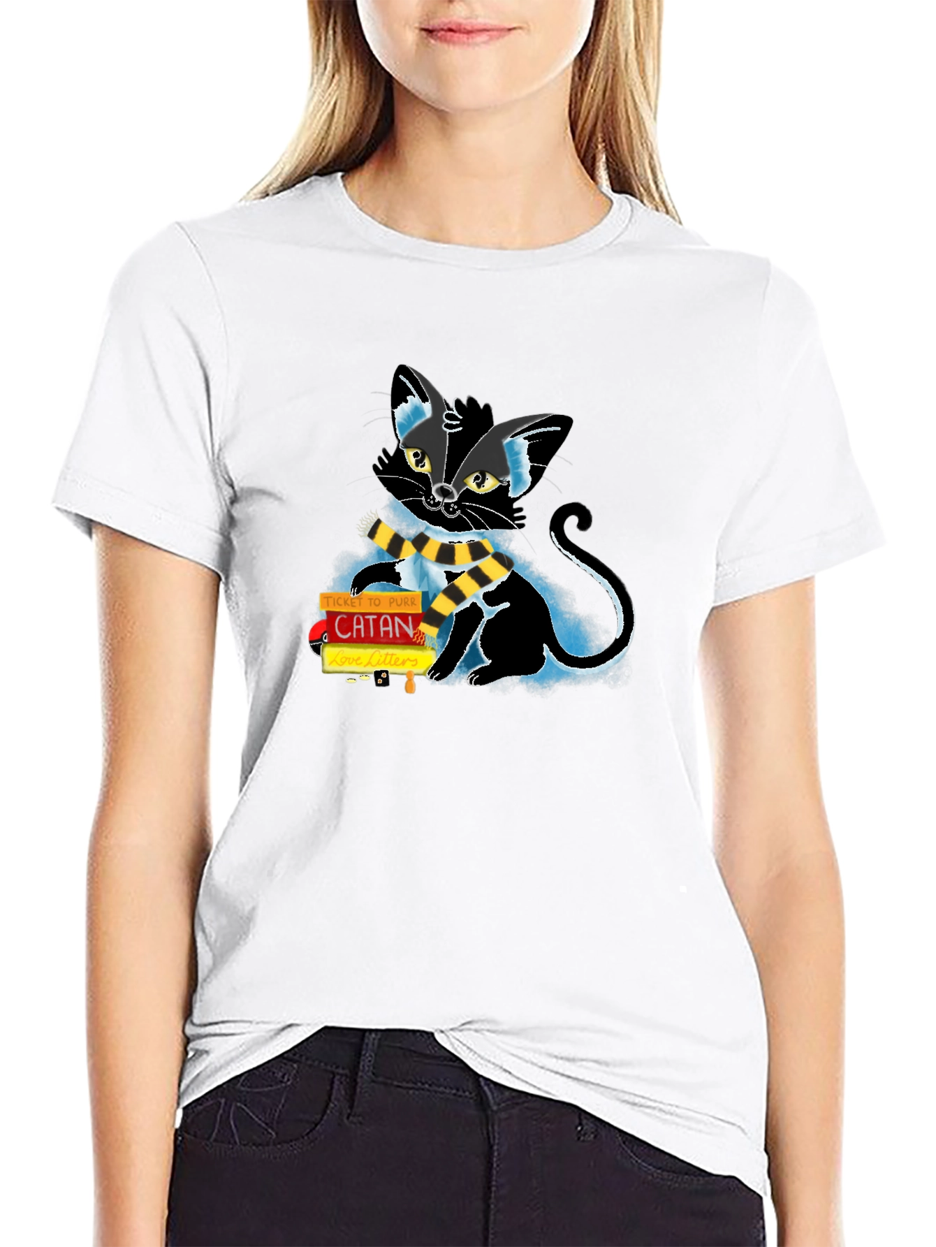 Camiseta Negra con Diseño de Gato Jugando