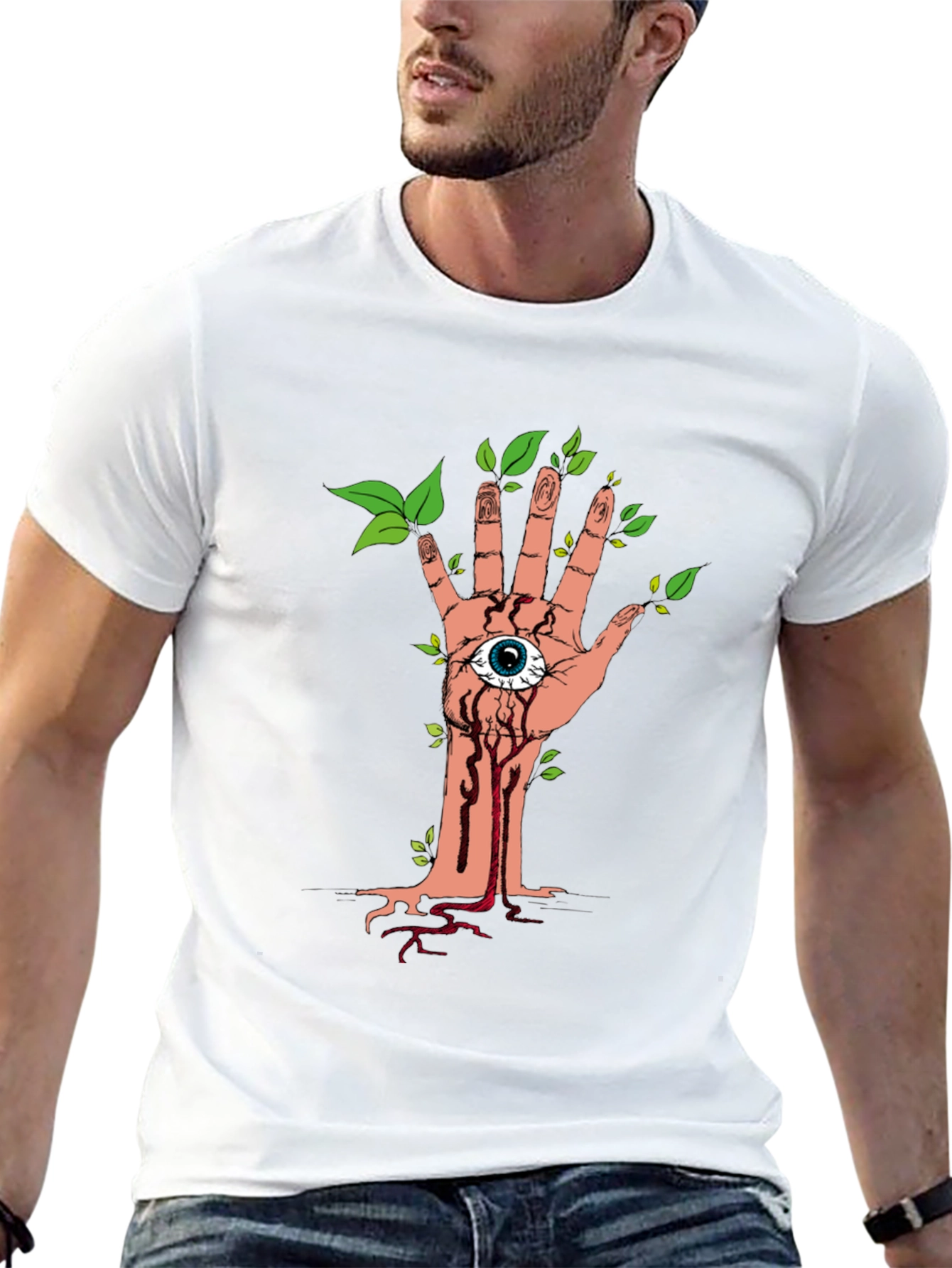 Camiseta Negra con Diseño de Mano Ojo y Naturaleza