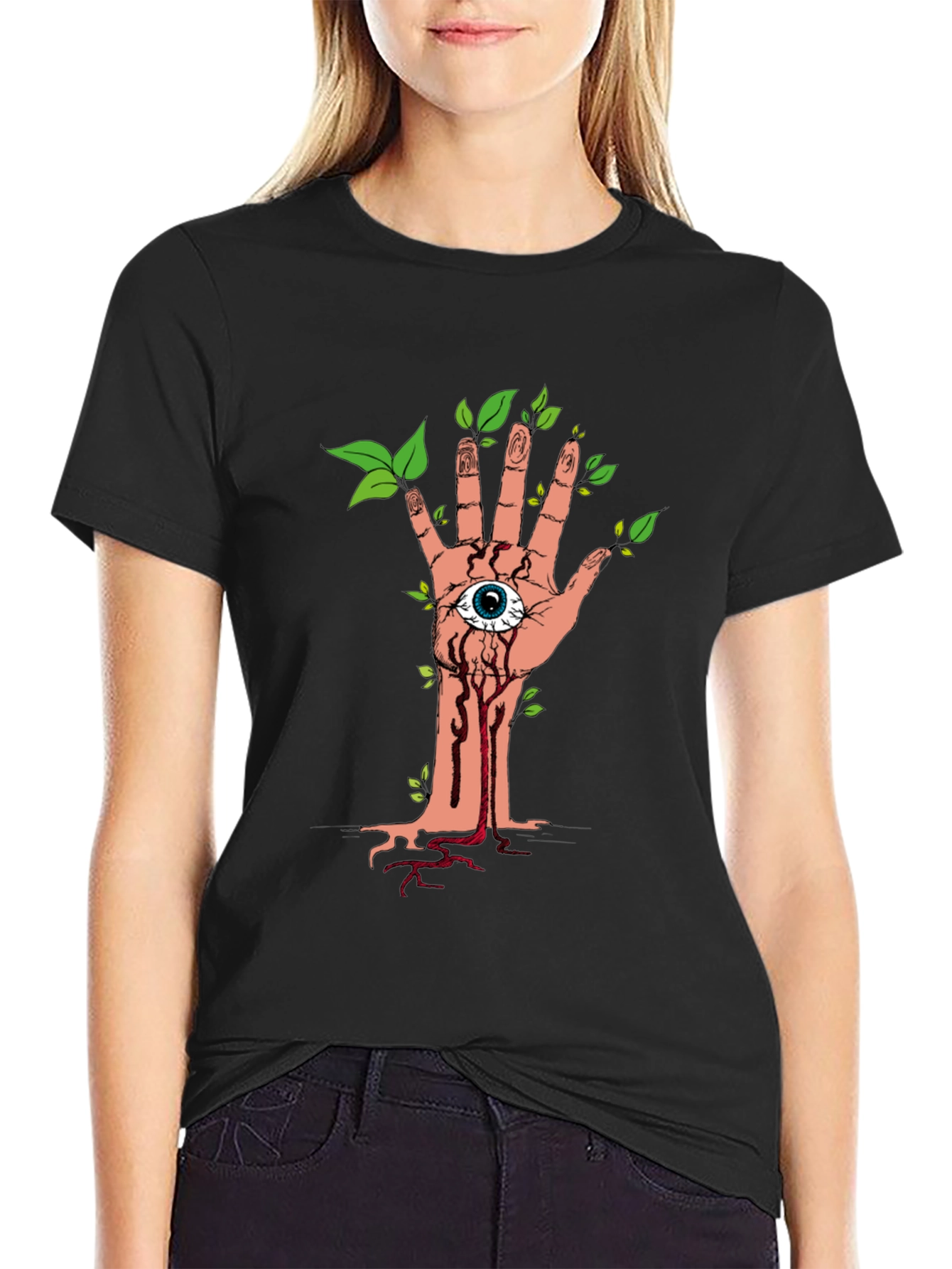 Camiseta Negra con Diseño de Mano Ojo y Naturaleza