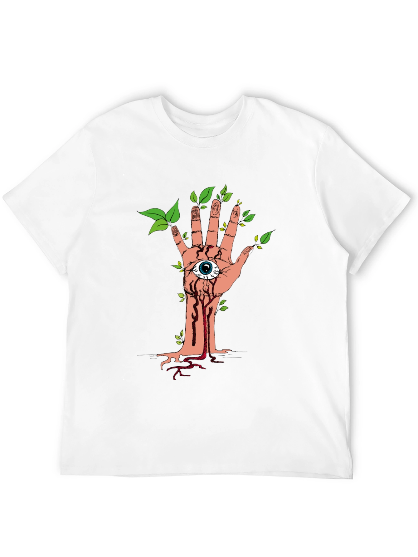 Camiseta Negra con Diseño de Mano Ojo y Naturaleza