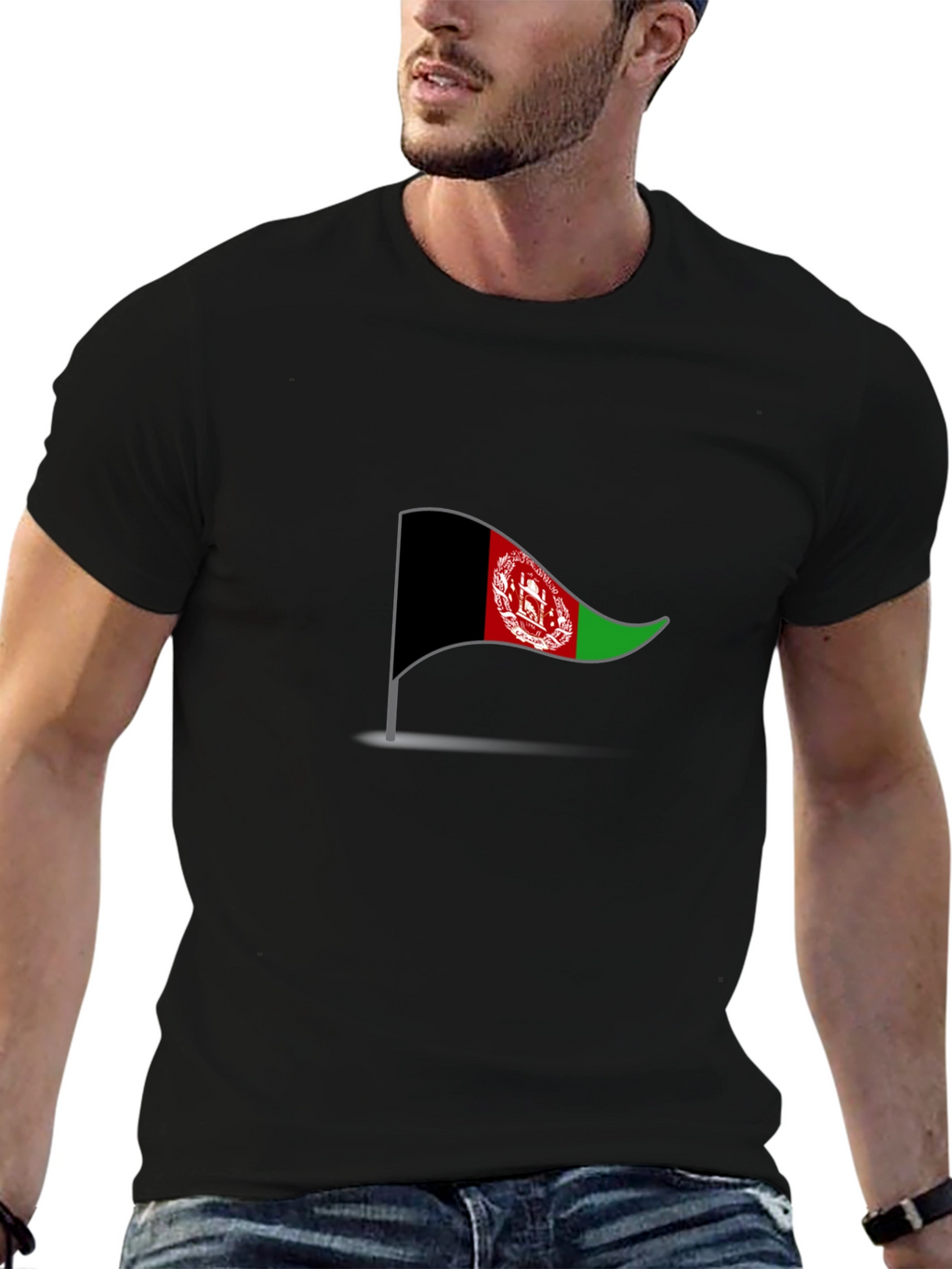Camiseta Negra Bandera Afganistán Diseño Casual Hombre