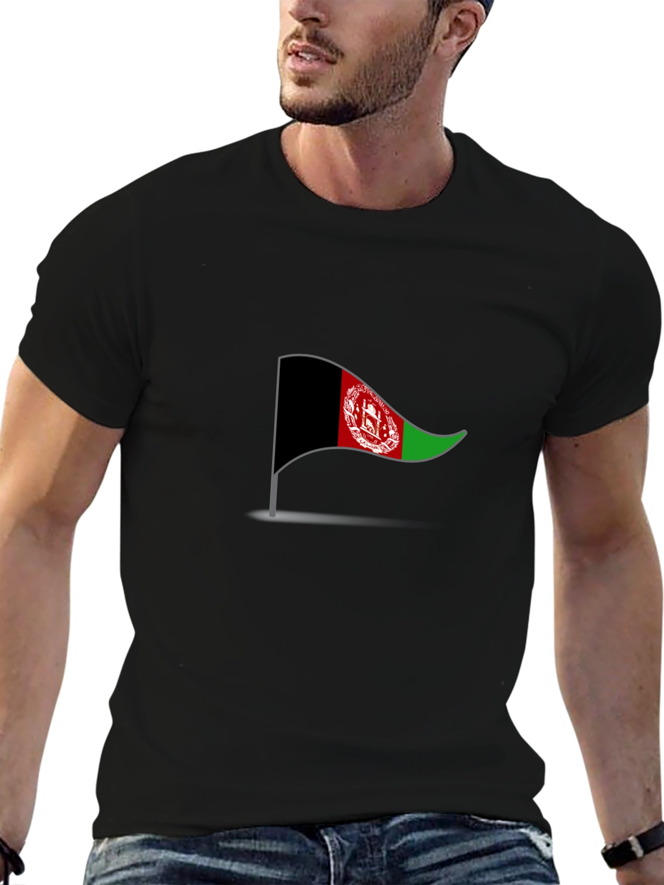 Camiseta Negra Bandera Afganistán Diseño Casual Hombre