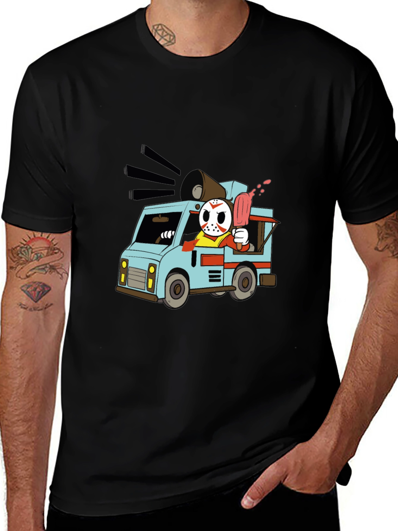 Camiseta Negra con Diseño de Camioneta de Helados