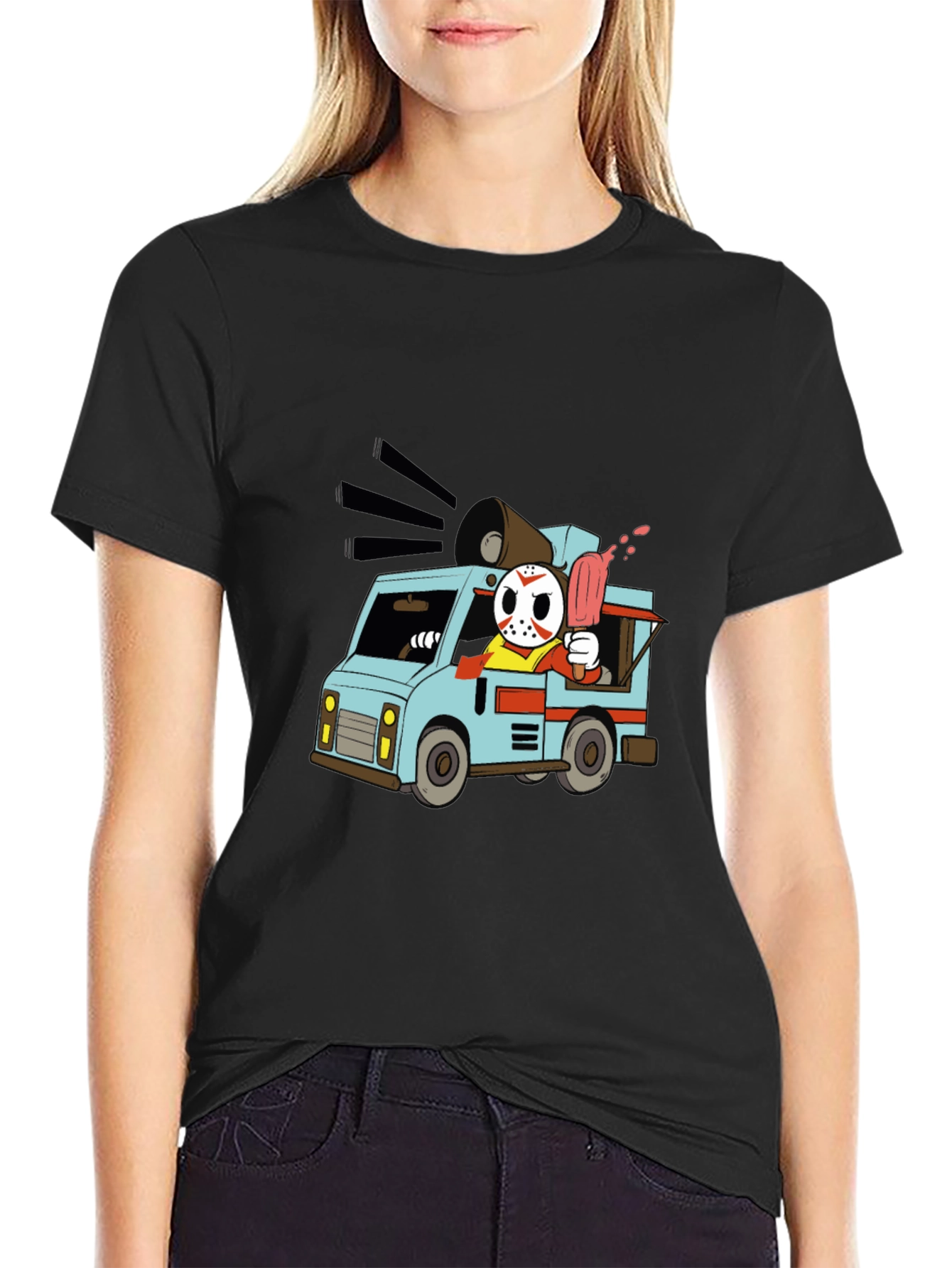 Camiseta Negra con Diseño de Camioneta de Helados