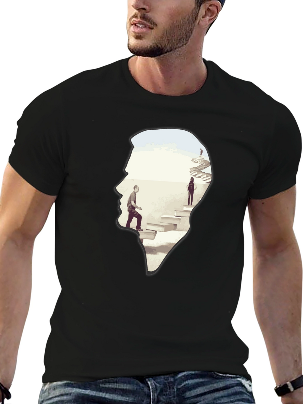 Camiseta Negra con Diseño Abstracto de Escaleras