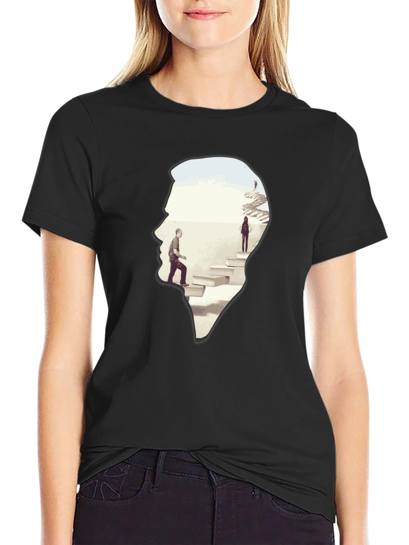 Camiseta Negra con Diseño Abstracto de Escaleras