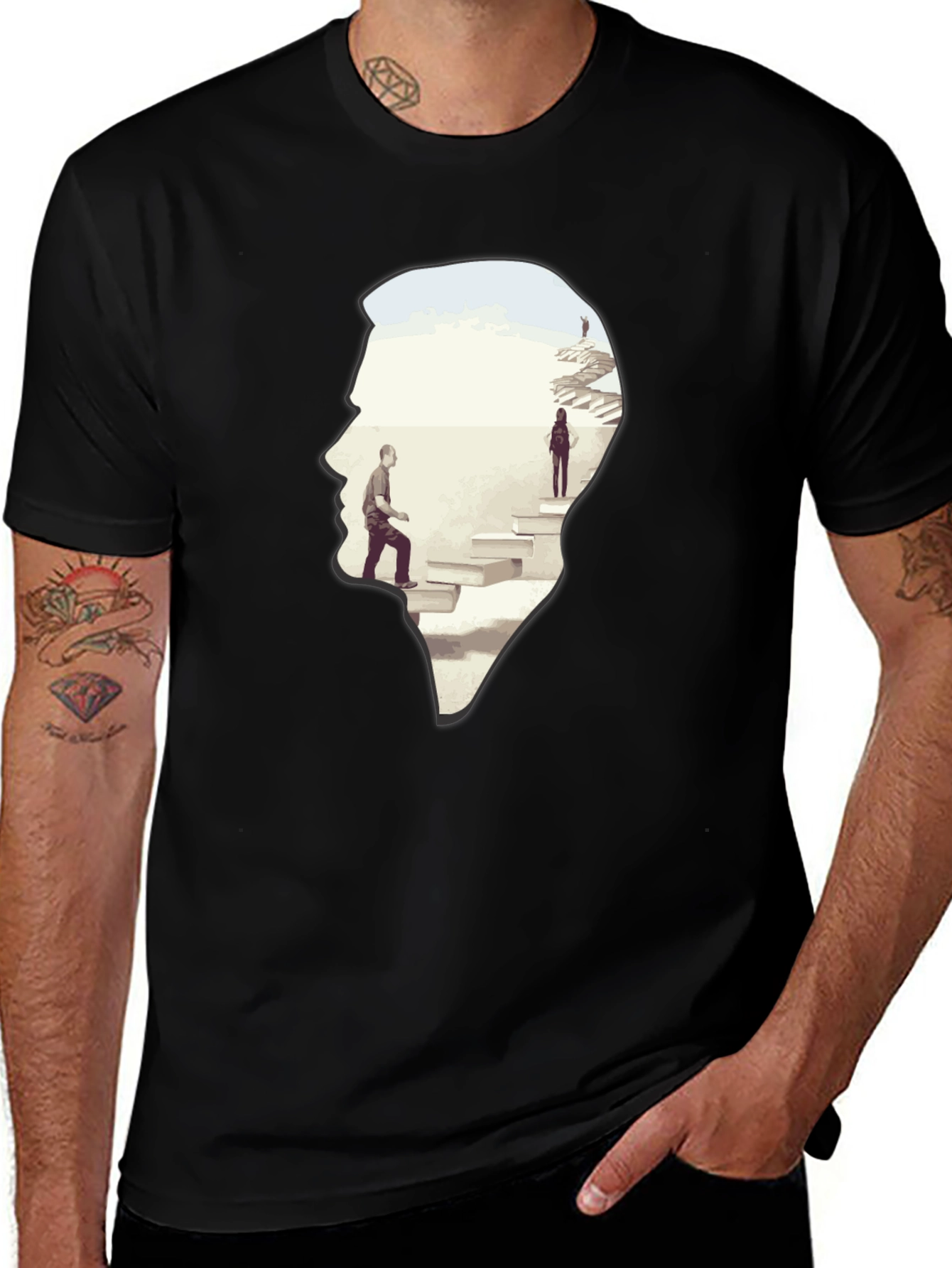 Camiseta Negra con Diseño Abstracto de Escaleras
