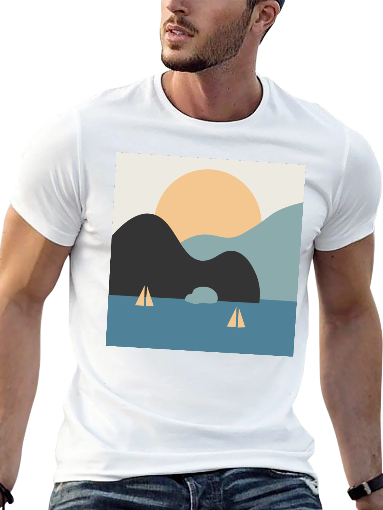 Camiseta Negra con Diseño Abstracto de Paisaje Marítimo