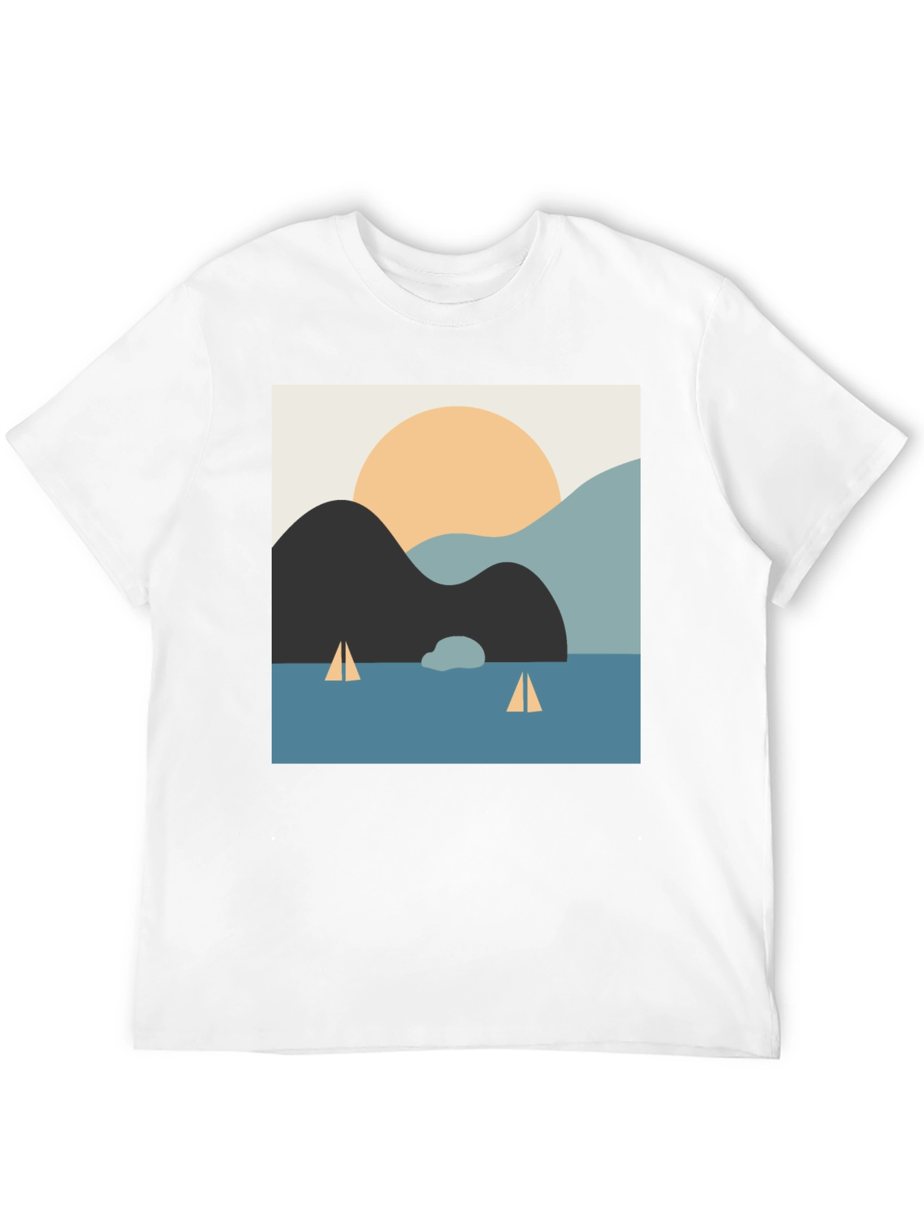 Camiseta Negra con Diseño Abstracto de Paisaje Marítimo