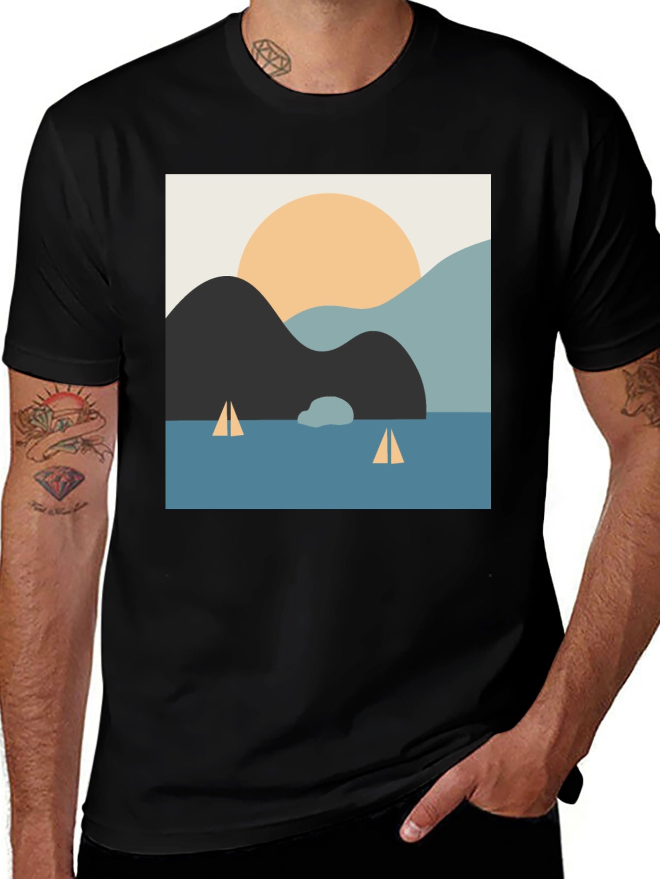 Camiseta Negra con Diseño Abstracto de Paisaje Marítimo
