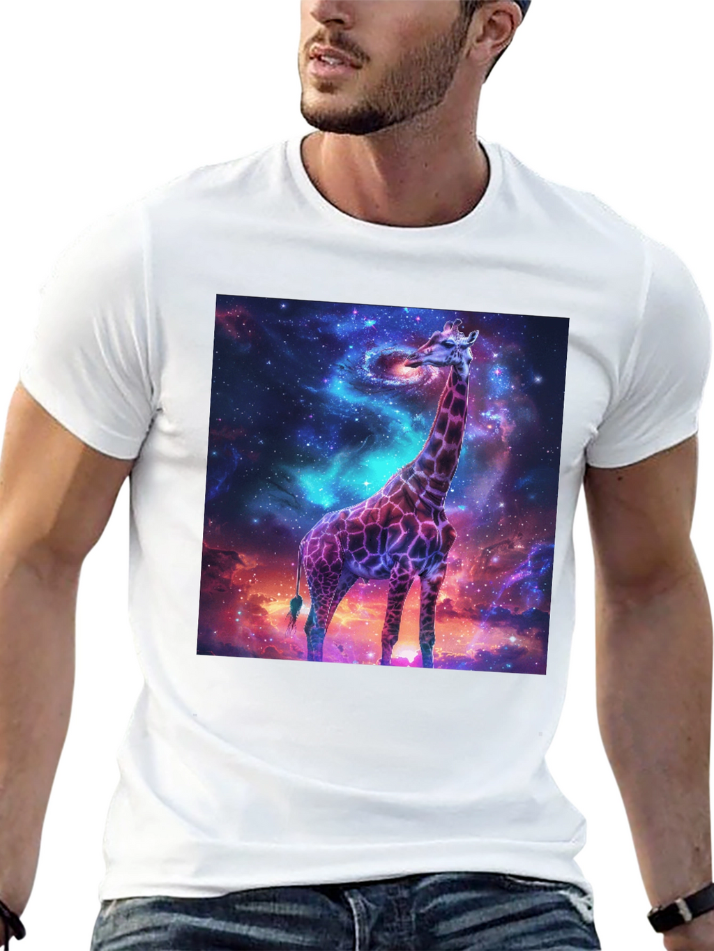 Camiseta Negra con Diseño de Jirafa Cósmica