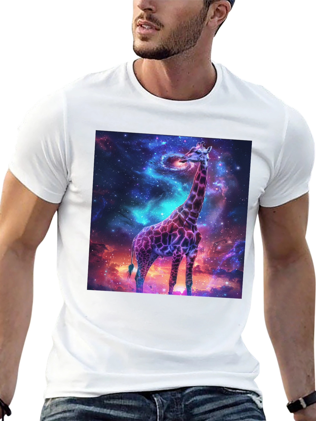 Camiseta Negra con Diseño de Jirafa Cósmica