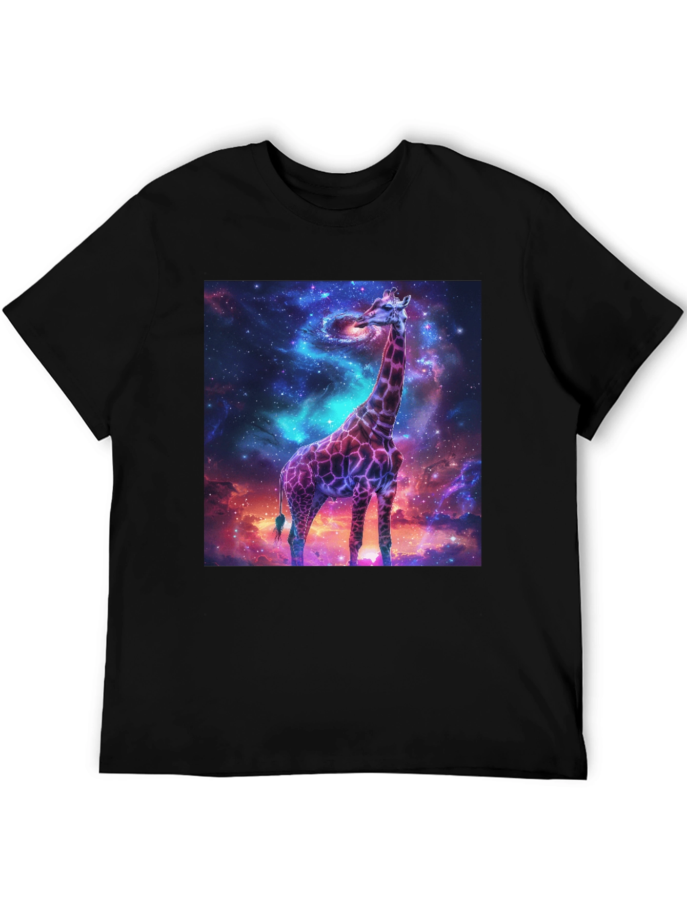 Camiseta Negra con Diseño de Jirafa Cósmica