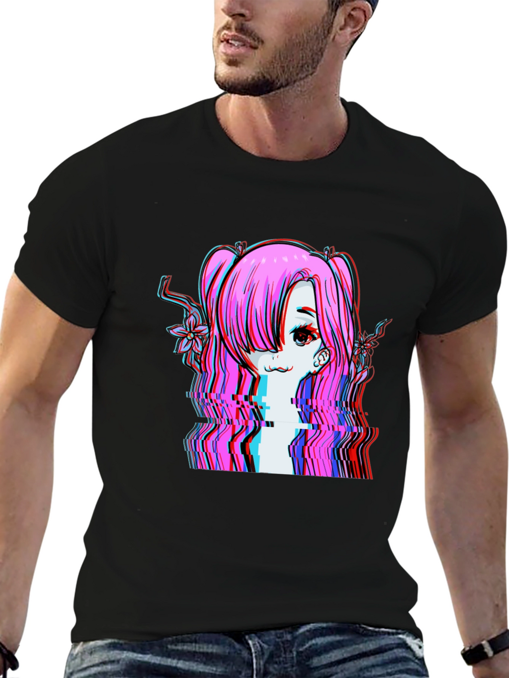 Camiseta Negra con Diseño Anime Glitch