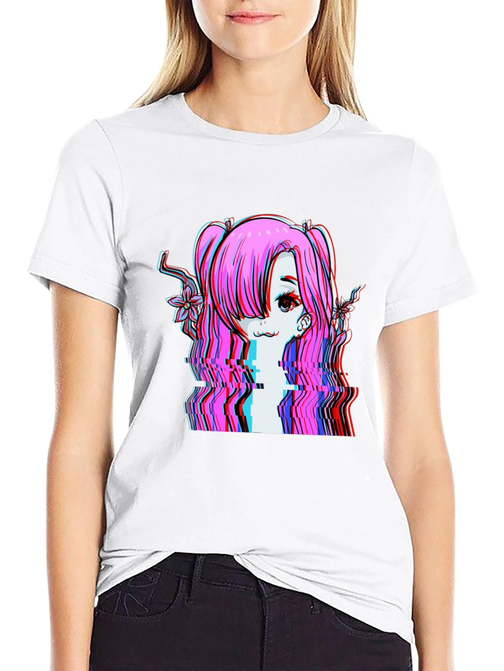 Camiseta Negra con Diseño Anime Glitch