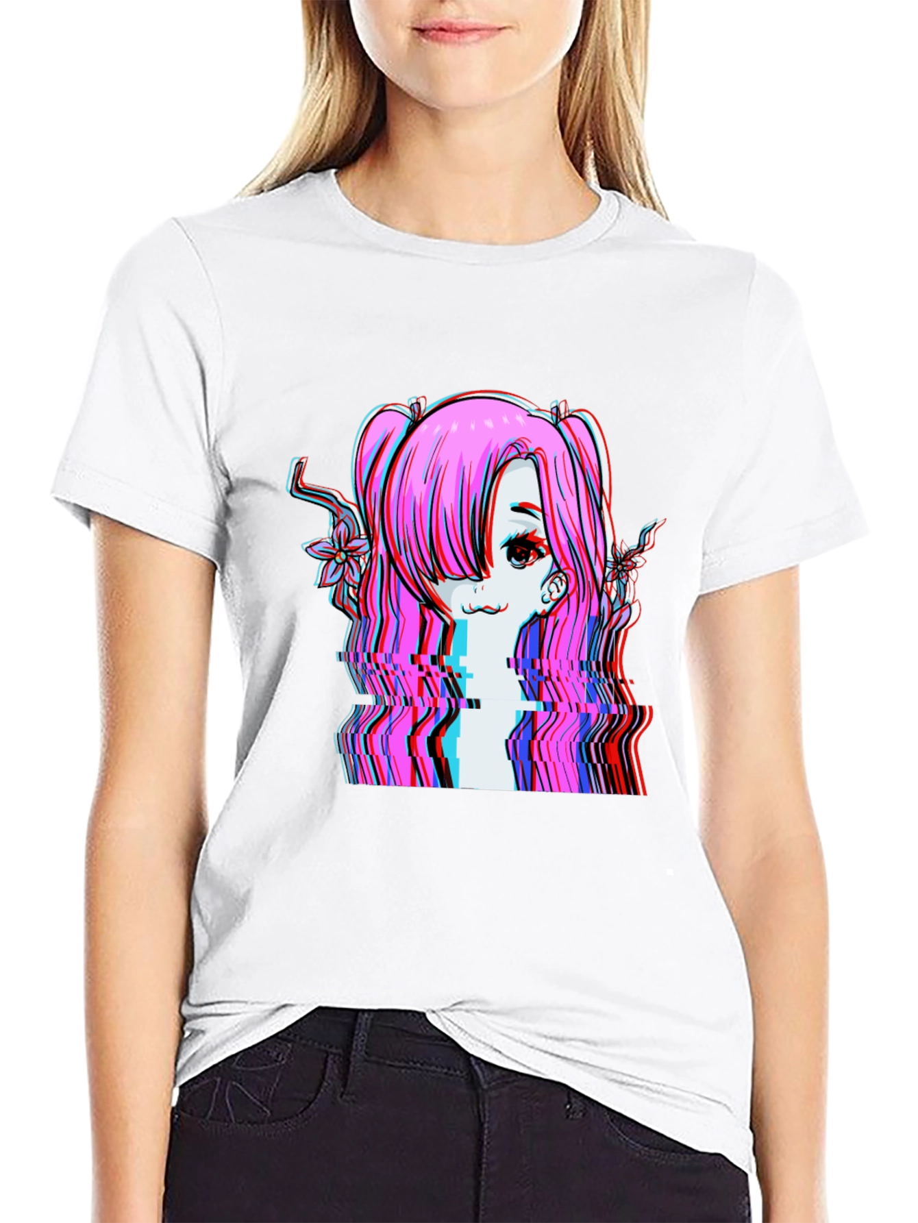 Camiseta Negra con Diseño Anime Glitch
