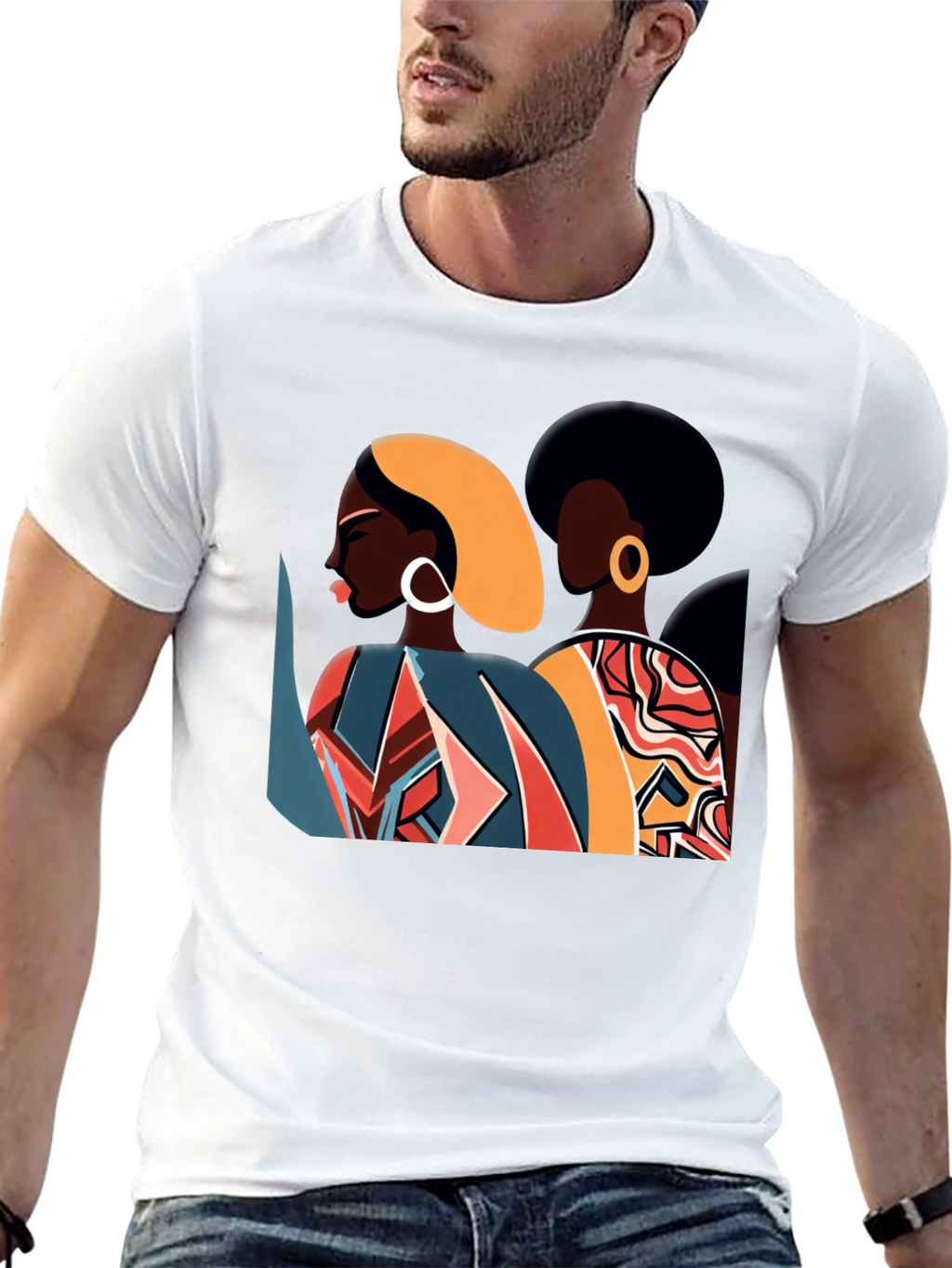 Camiseta Negra con Diseño Abstracto de Mujeres