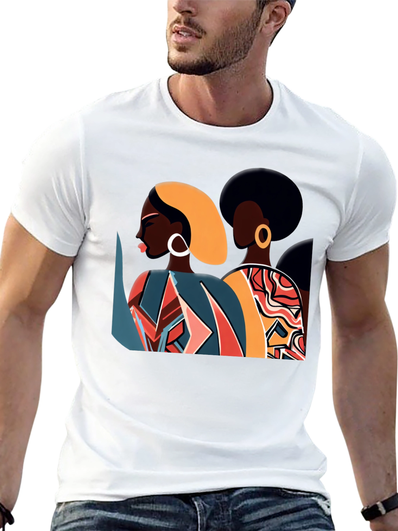Camiseta Negra con Diseño Abstracto de Mujeres