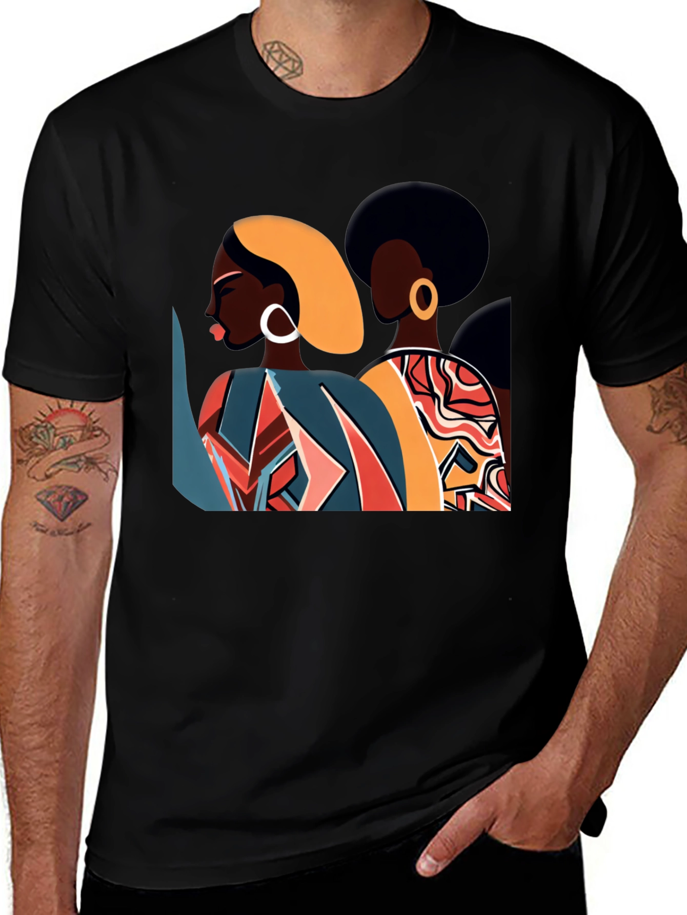Camiseta Negra con Diseño Abstracto de Mujeres