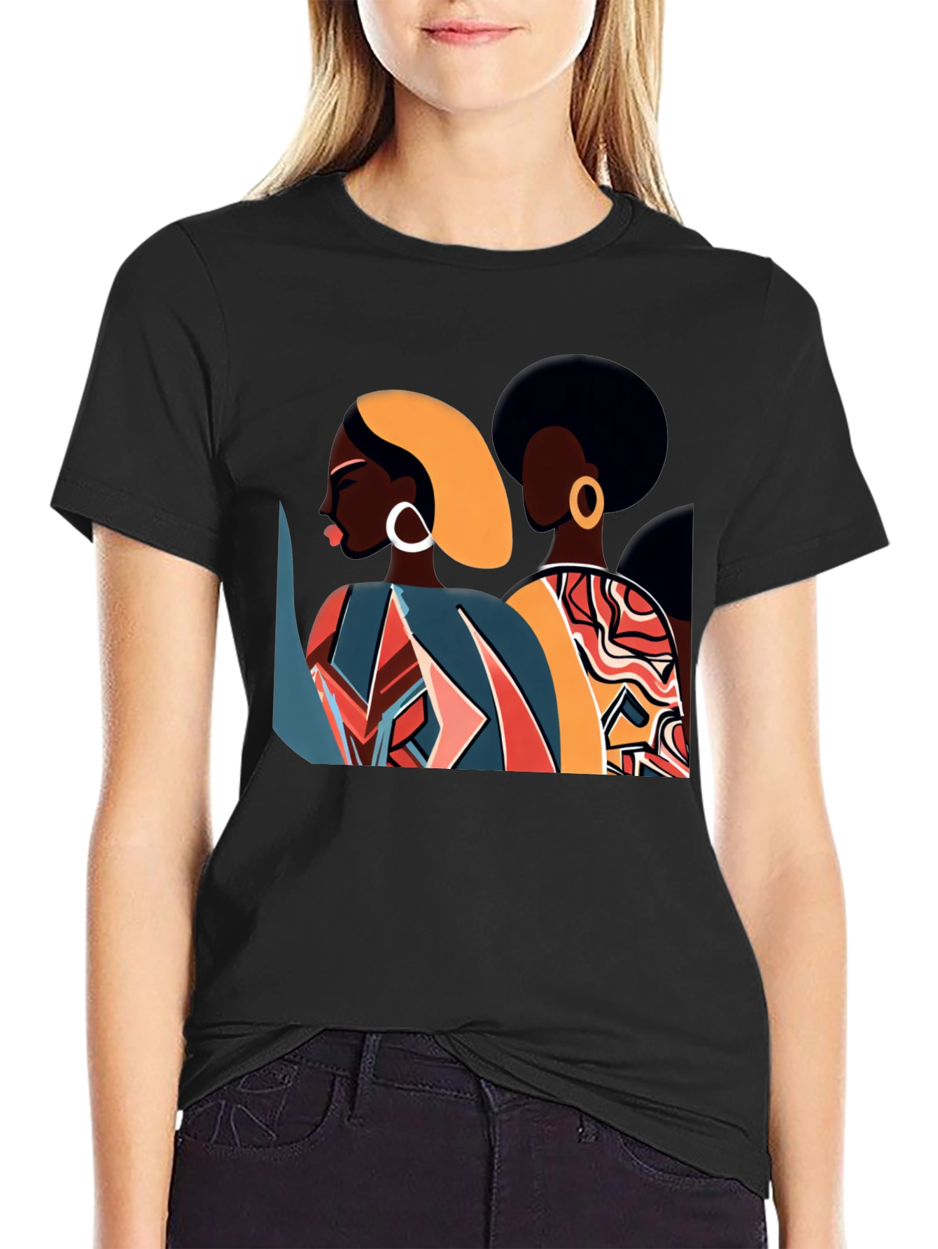 Camiseta Negra con Diseño Abstracto de Mujeres