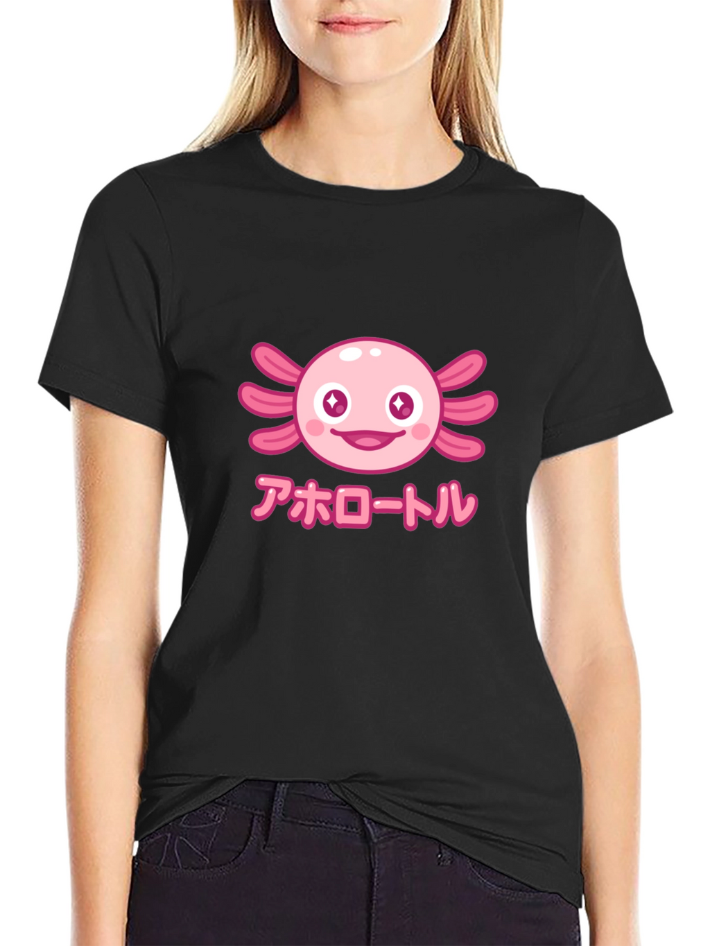 Camiseta Negra Axolotl Kawaii