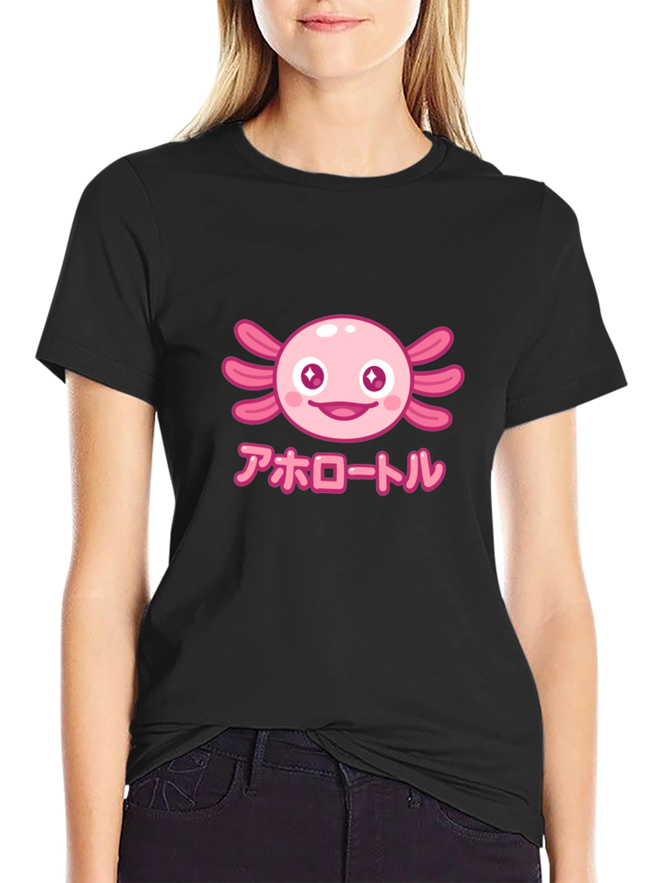 Camiseta Negra Axolotl Kawaii