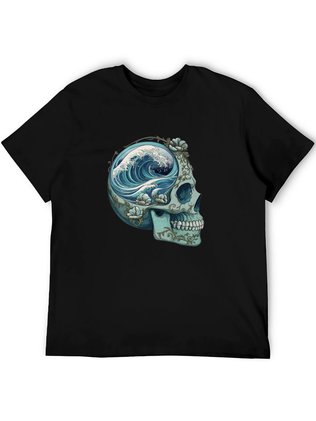 Camiseta Negra con Calavera y Ola Marina