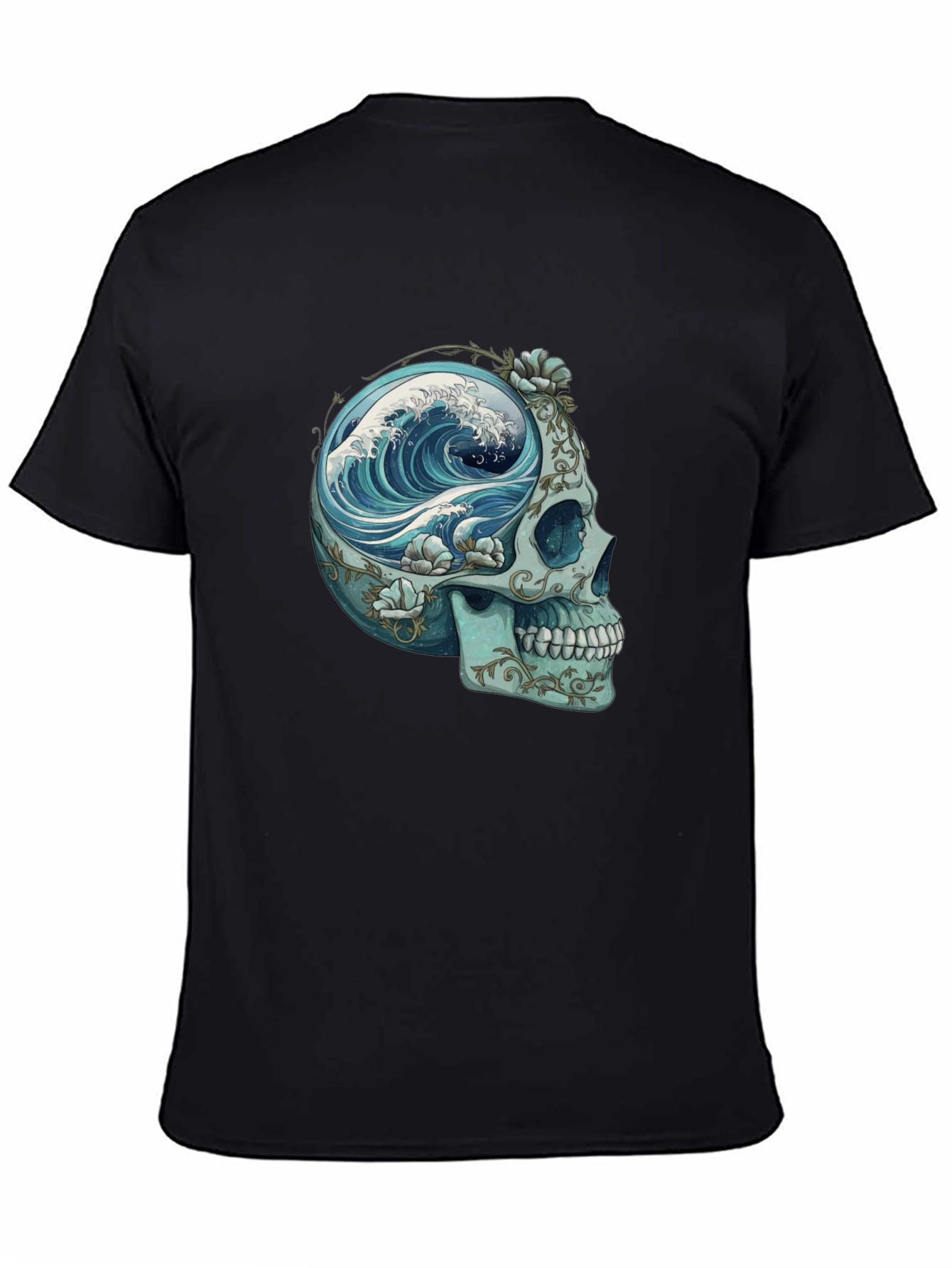 Camiseta Negra con Calavera y Ola Marina