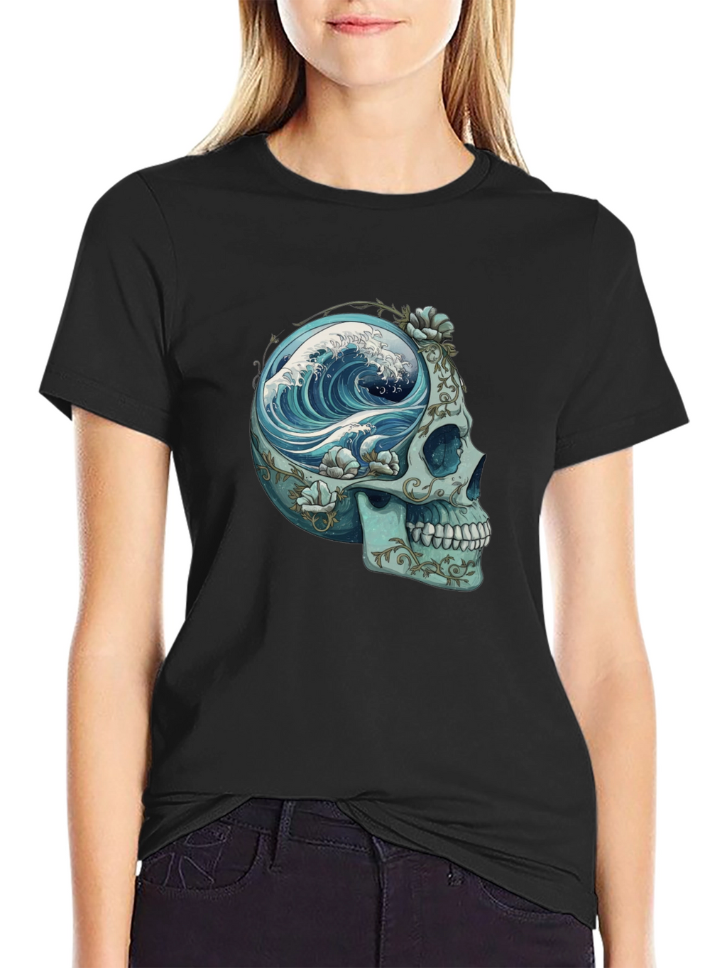 Camiseta Negra con Calavera y Ola Marina