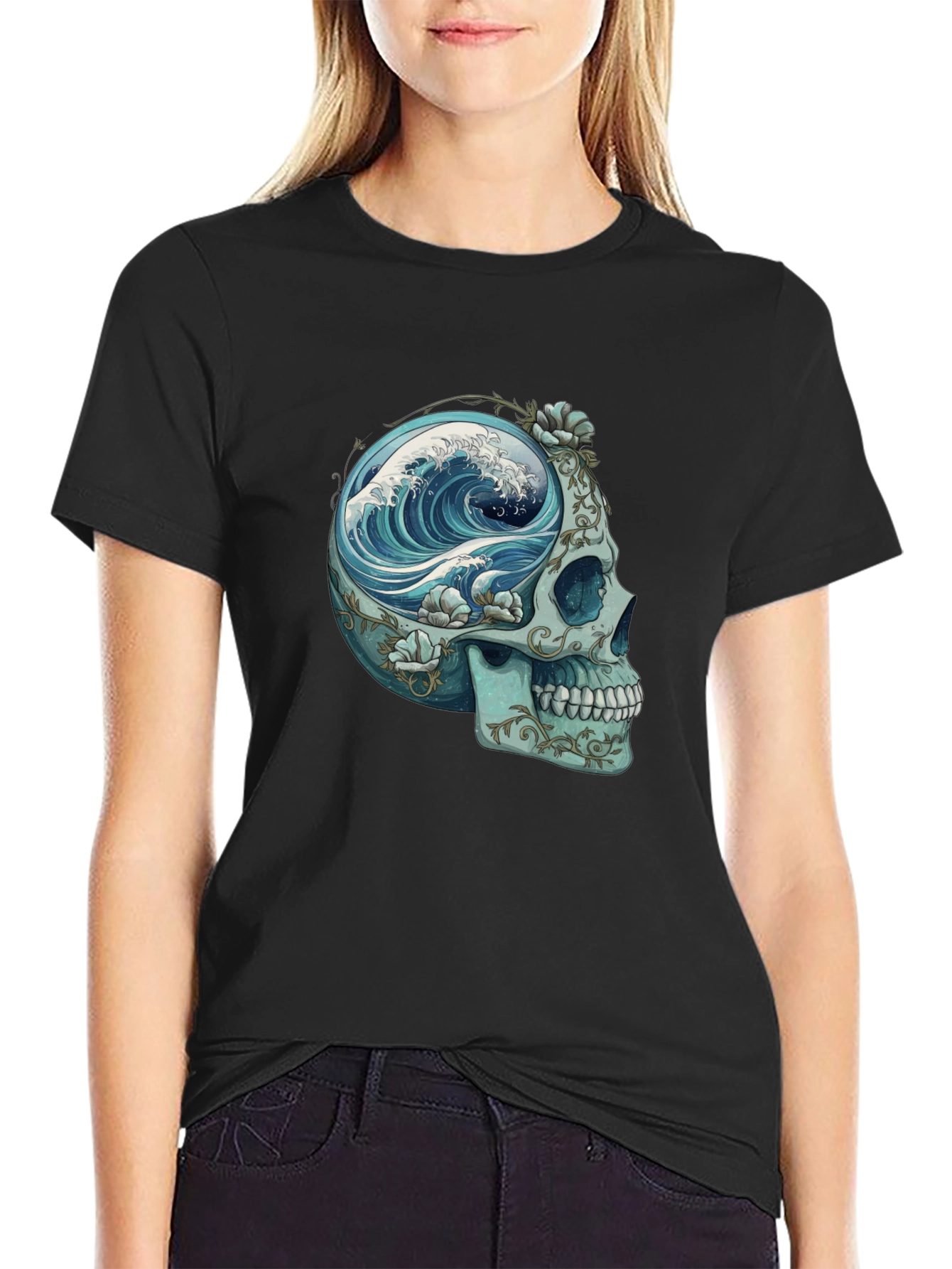 Camiseta Negra con Calavera y Ola Marina