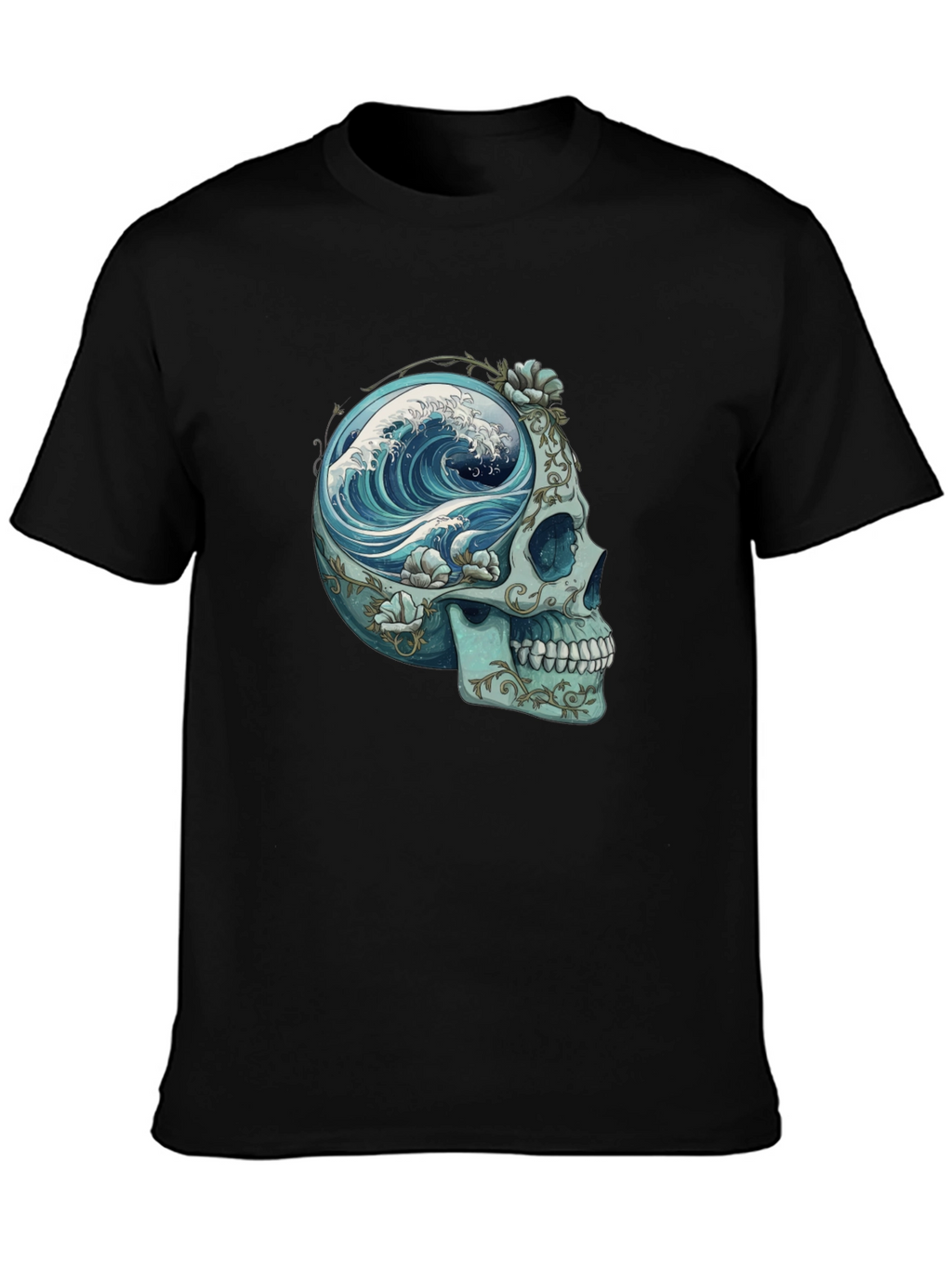 Camiseta Negra con Calavera y Ola Marina