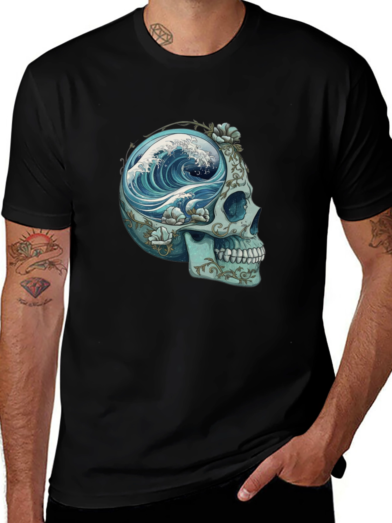 Camiseta Negra con Calavera y Ola Marina