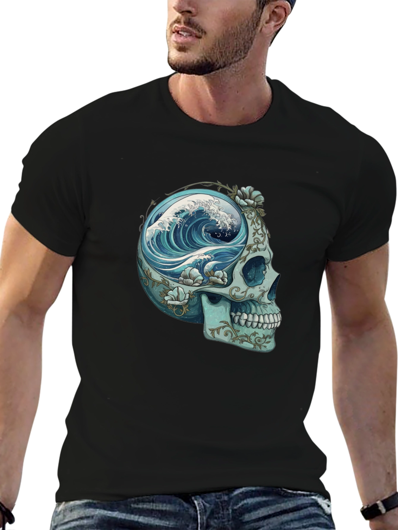 Camiseta Negra con Calavera y Ola Marina