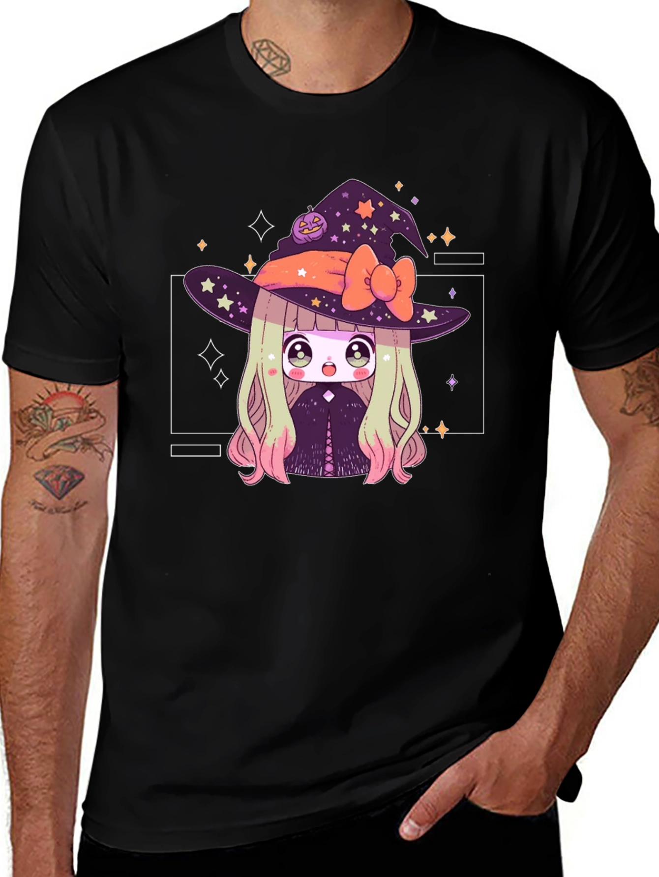 Camiseta Negra con Diseño de Bruja Anime para Halloween