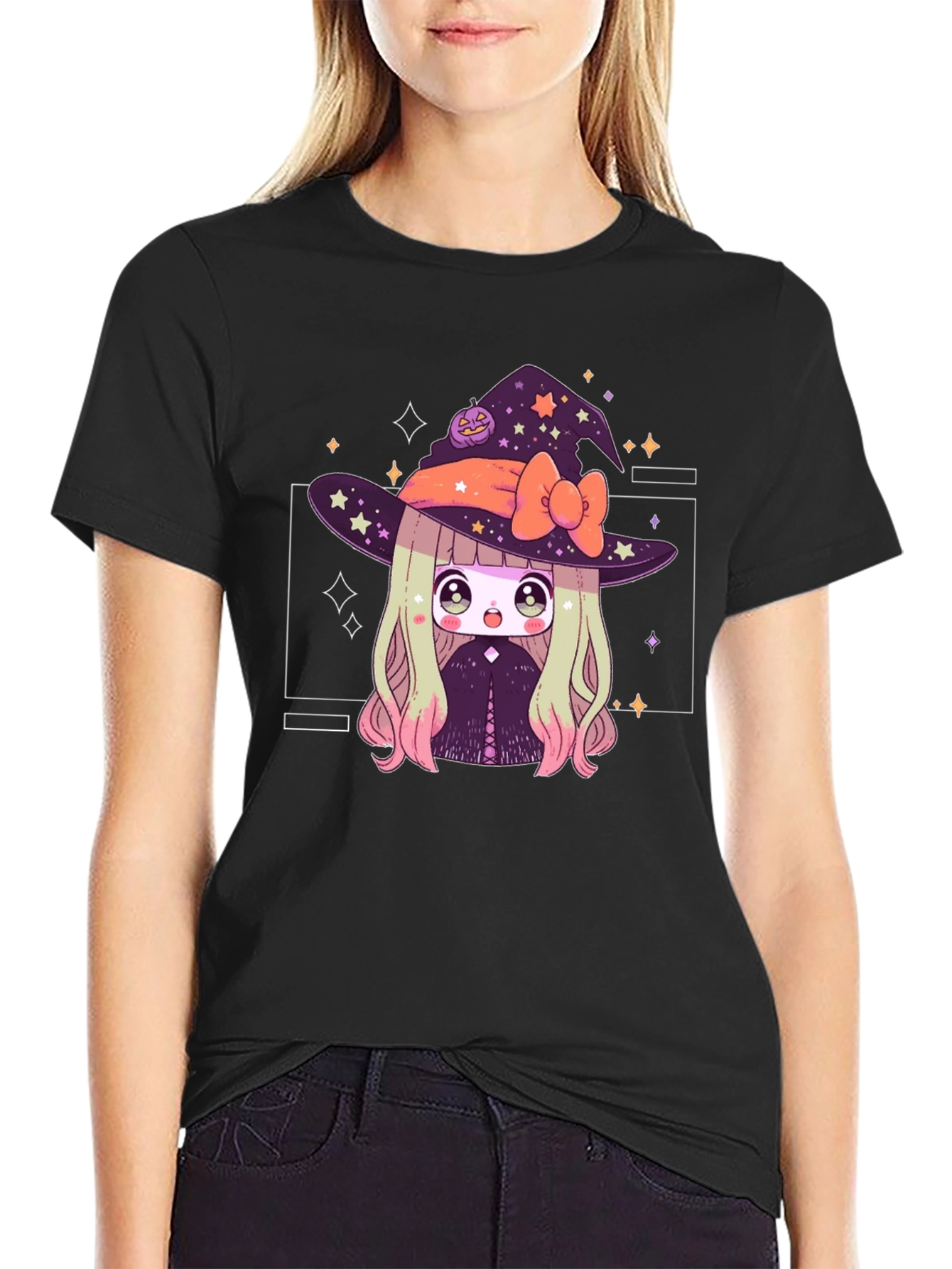 Camiseta Negra con Diseño de Bruja Anime para Halloween
