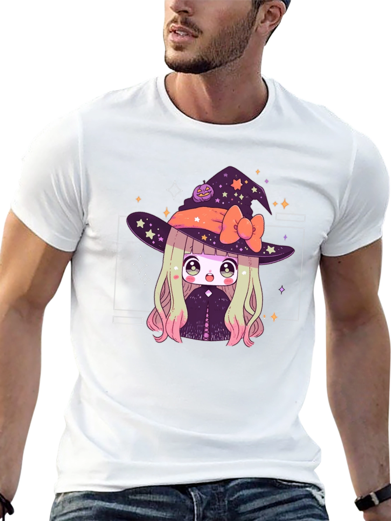Camiseta Negra con Diseño de Bruja Anime para Halloween