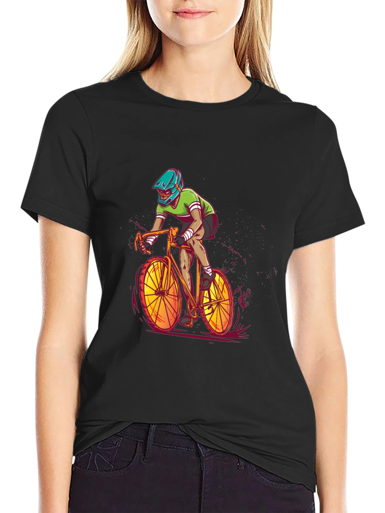 Camiseta Negra con Diseño de Ciclista Intrépido