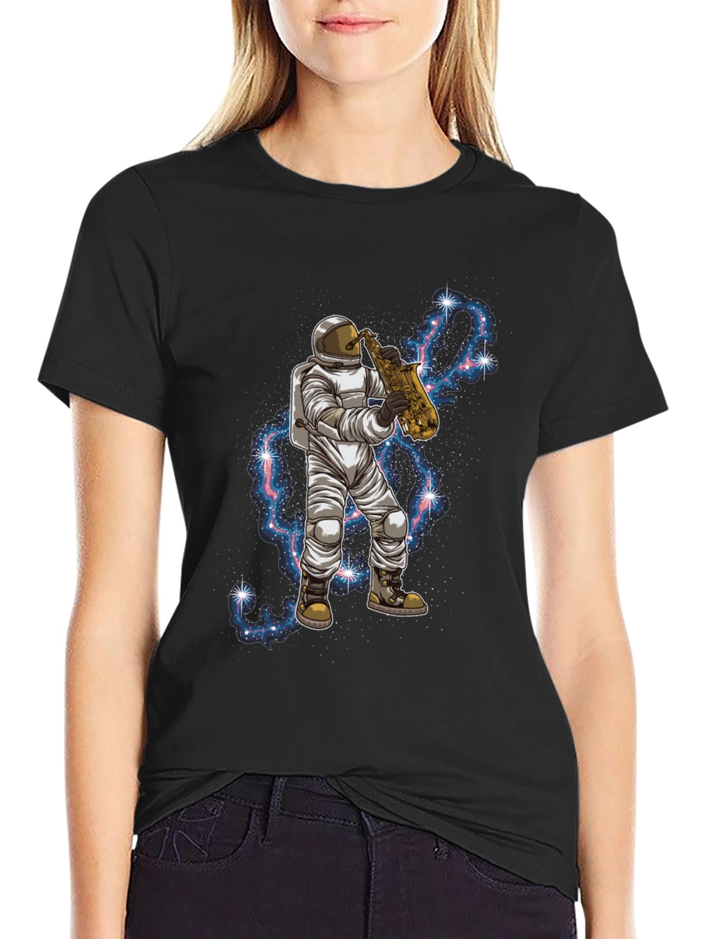 Camiseta Negra con Astronauta Saxofonista