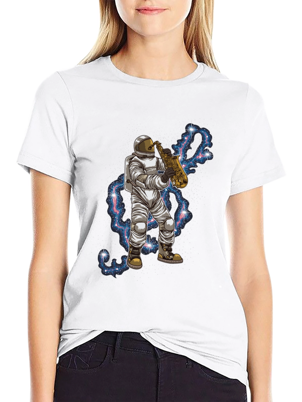 Camiseta Negra con Astronauta Saxofonista